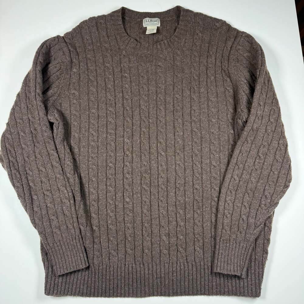 LL Bean Men's Lambswool Nylon Blend Cable Knit Crew Neck Sweater Brown XXL-REG